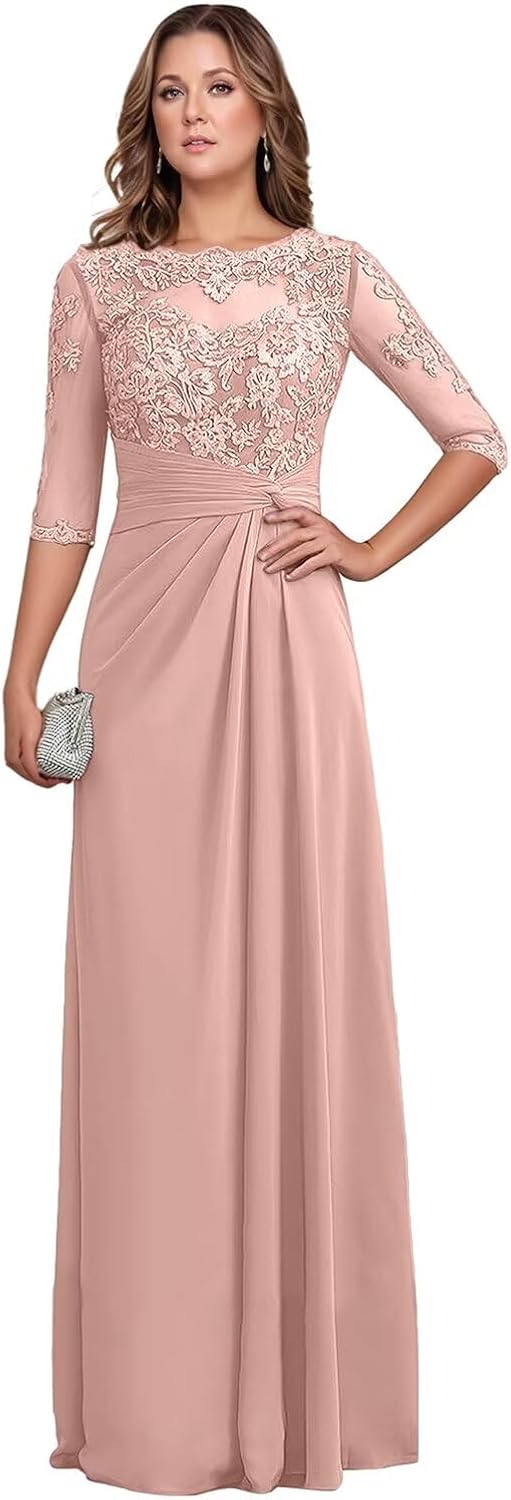 Chiffon Mother of The Bride Dresses 2026 Long Lace Appliques Ruffle Half Sleeve Formal Evening Dresses for Women