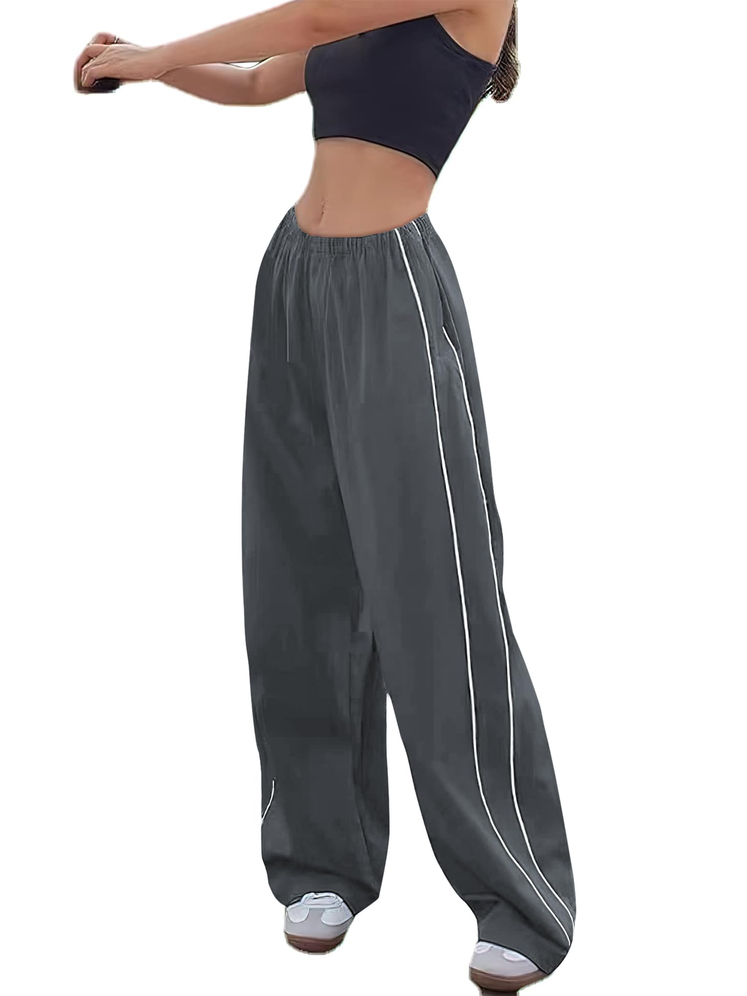 Imuedaen Track Pants Damen Parachute Pants Y2k Hosen Baggy Cargohose Weites Bein Track Pants Vintage Baggy Hosen für Frauen Streetwear Elastische Taille Freizeithose Pants (A Grau, L)