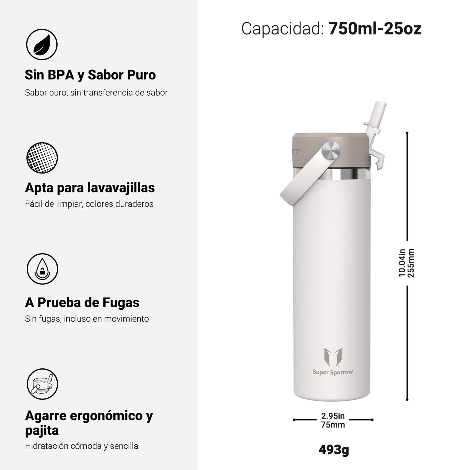 Sparrow SwivelSip Botella Termica - Botella Agua Acero Inoxidable Boca Ancha con Pajita - 750ml - Sin BPA y Antifugas - para Deporte, Gimnasio, Oficina, Yoga, Ciclismo — view 3
