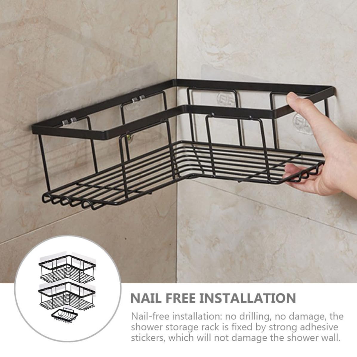 Estante de Ducha Esquinero y Adhesivo Fuerte Negro de Acero al Carbono Instalación sin Taladro para Organizar Baño Lugar