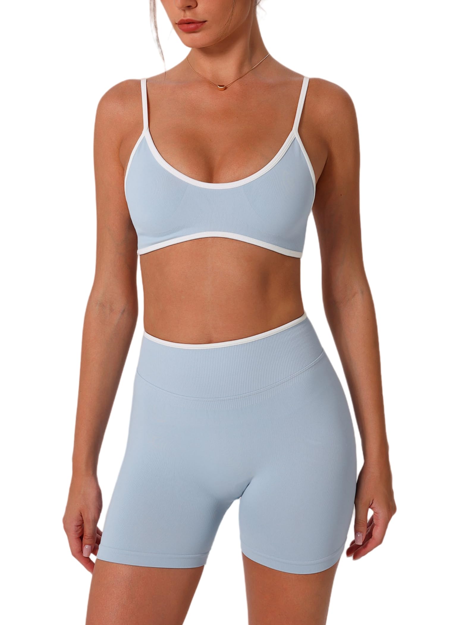 ABOCIW Workout Sets for Women Color Block Sports Bra Hidden Scrunch High Waist Biker Shorts 2 Piece Gym