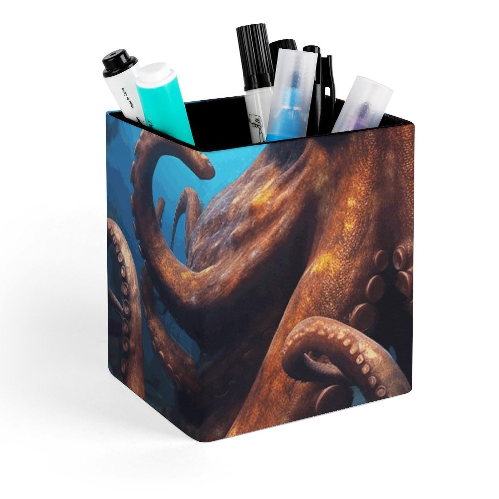 FekiLoot Huge Octopus Pencil Holder Square Leather Pen Holder Cup Modern Multi-Functional Pencil Cup Holder Decorative Desk Organizer Caddy Makeup Brush Holders for Desk Office