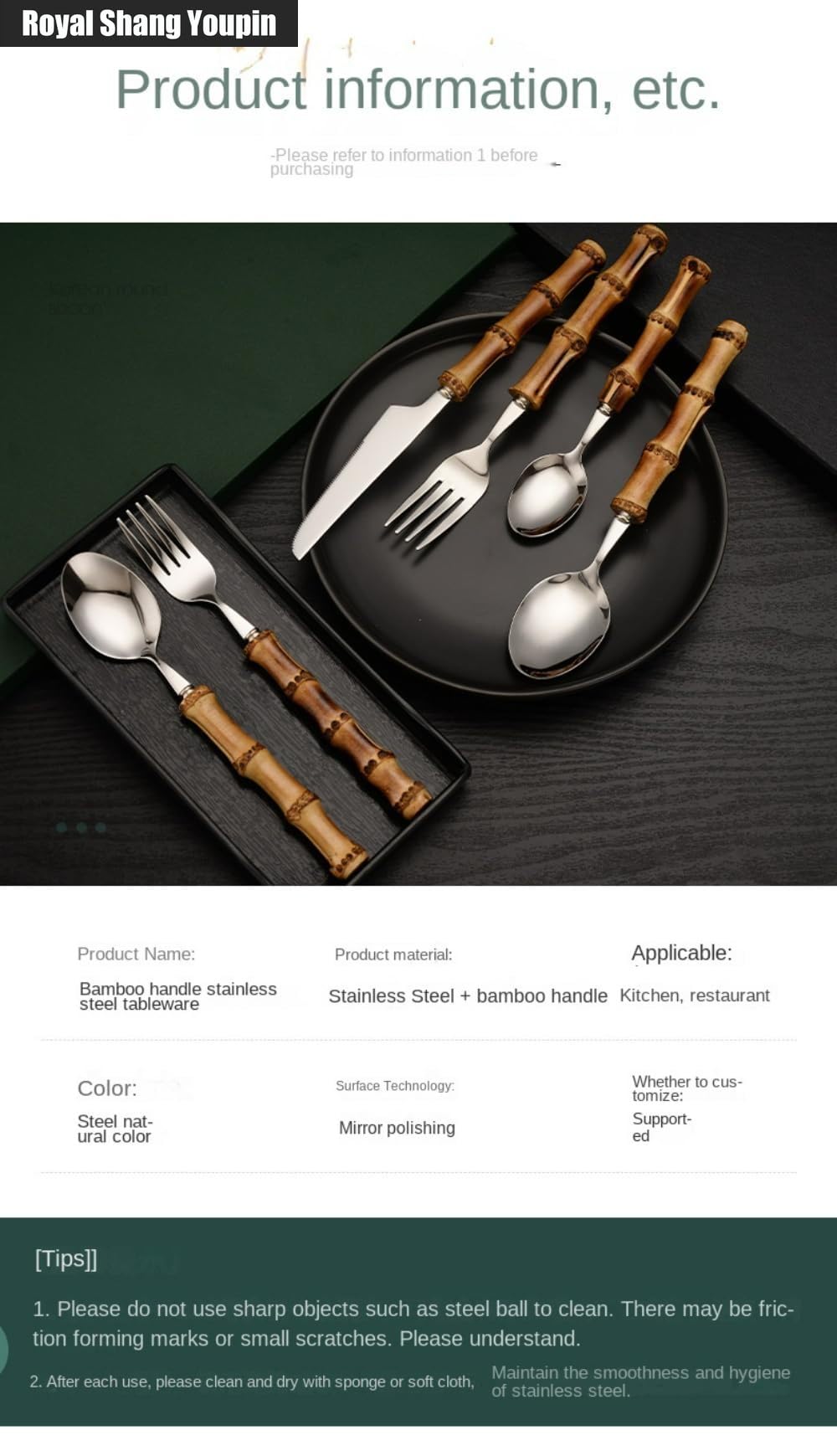 Destacados Mango De Bambú Genuino Cocina Cubiertos De Acero Inoxidable Vajilla Cubiertos Cubiertos Cuchillos Tenedores Cucharas Juego Cuchillo (Plata,20 piezas)