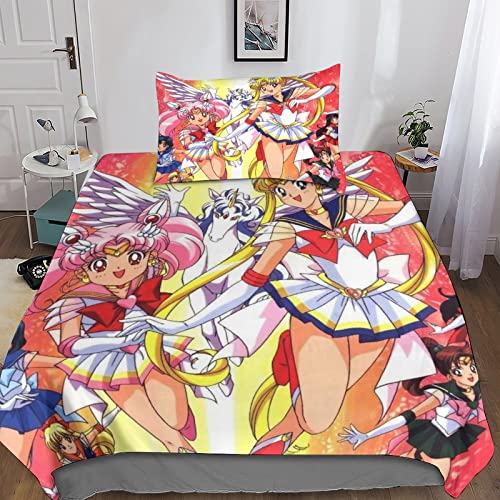 Sailor Moon Funda De Edredón 3D para Niños Y Niñas, Cartoon Funda De Edredón Estampada, Funda De Edredón De Microfibra, Cierre De Cremallera Single（135x200cm）