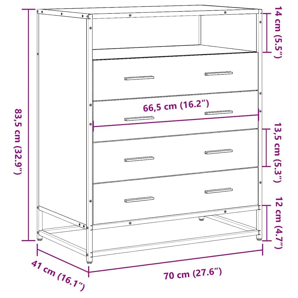 Schubladenschrank Schwarz Holzwerkstoff mit Metallgestell 70x41x83,5 cm, 4 Schubladen Stauraum für Schlafzimmer Wohnzimmer Flur, stabile Ablage für Ordnung und Aufbewahrung