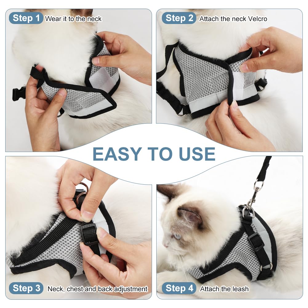 AUYAO Pettorina per Gatti– Set Antifuga Regolabile e Traspirante per Gatti Piccoli/Medi, Design Riflettente per Passeggiate Notturne, Comfortevole e Sicuro (Grigio-Nero, S)