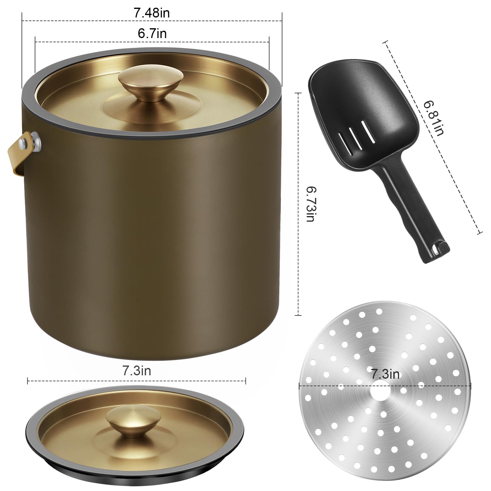 Seau à glace isotherme moderne de 3,2 l avec couvercle en silicone, cuillère, passoire, seau à glace à double paroi en acier inoxydable pour fêtes et bar à cocktails, idéal pour cadeau