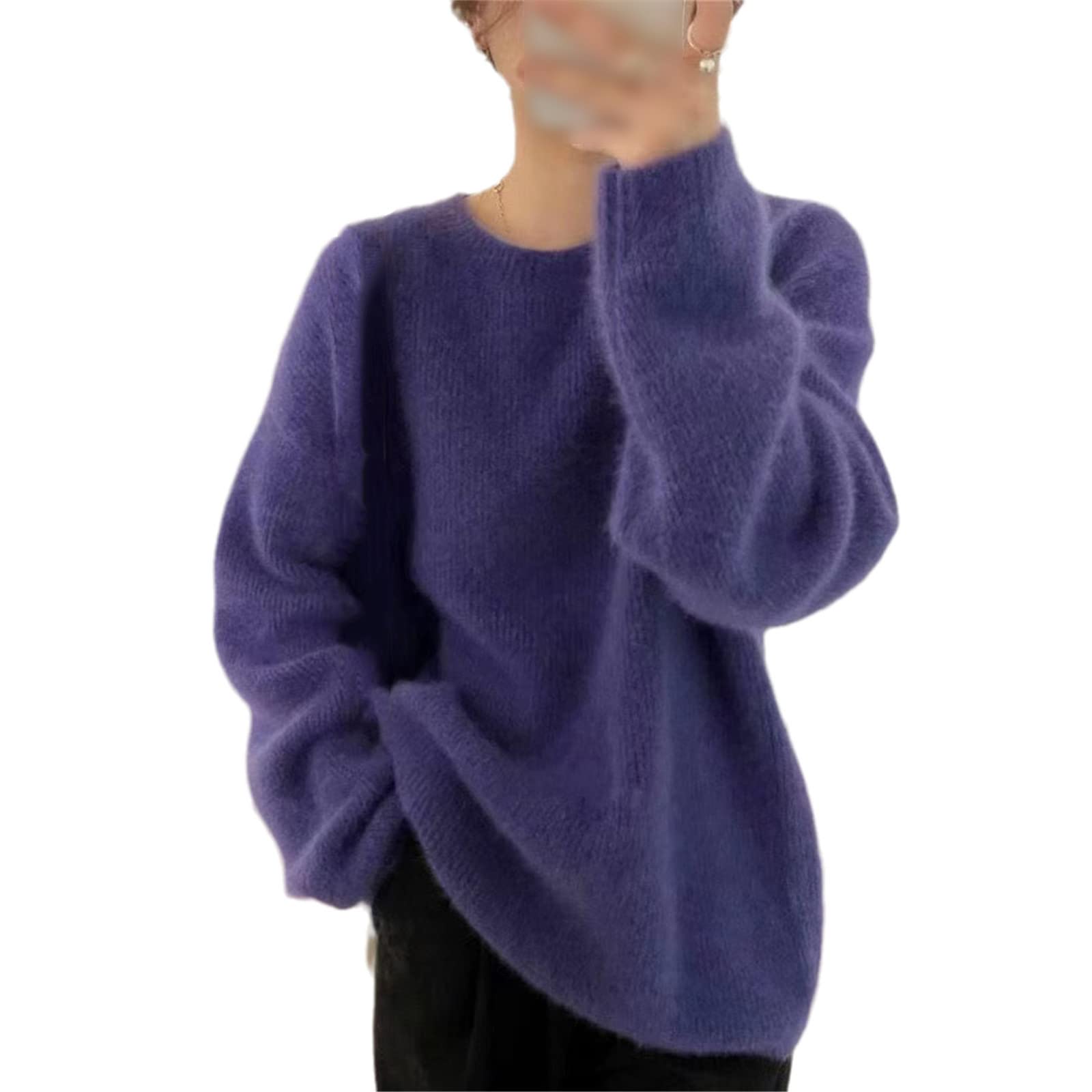 Otoño e invierno cuello redondo suéter de cachemira mujeres engrosado estilo perezoso gris oscuro suéter de punto suelto, Morado (, M