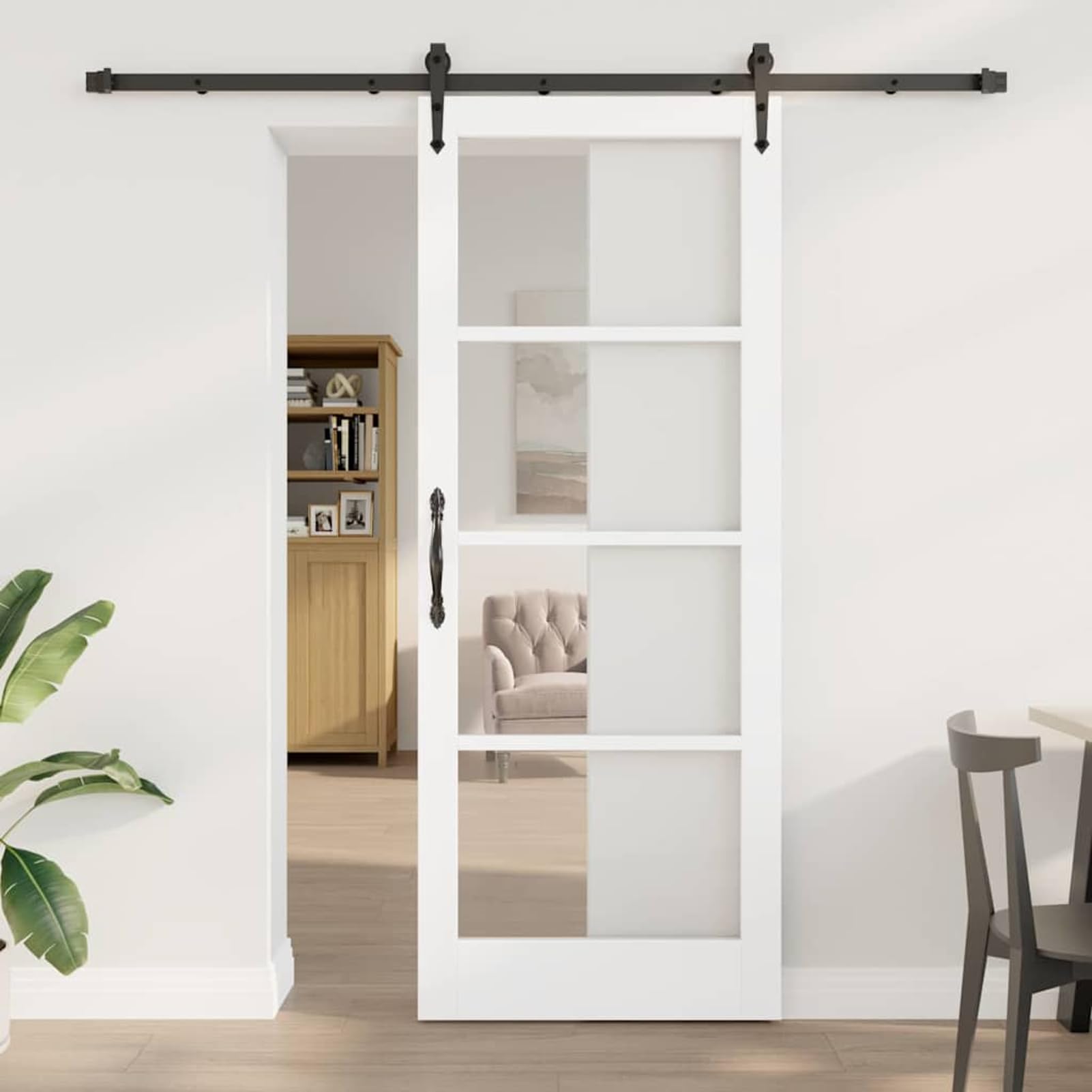 Drzwi przesuwne ORKDAL białe 83 x 211 cm z litego drewna sosnowego ze szkłem – w zestawie szyna i materiały montażowe, do nowoczesnej aranżacji wnętrz