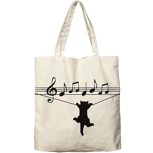 Dlzdn Black Cat Canvas Tote Bag For Women Aesthetic Funny Cute Cat Playing Music Note Clef Tote Bag Shopping Grocery Bag Beach Bag Gifts for Women Teacher Bag Reusable Grocery Bag