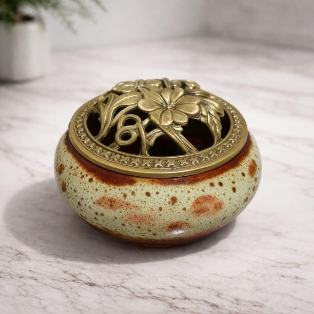 Ceramic Ashtray with Brass Floral Lid | Handcrafted Speckled Round Ash Tray for Home, Office & Café | Premium Brass Smoking Incense Holder– Antique Design-picture-28