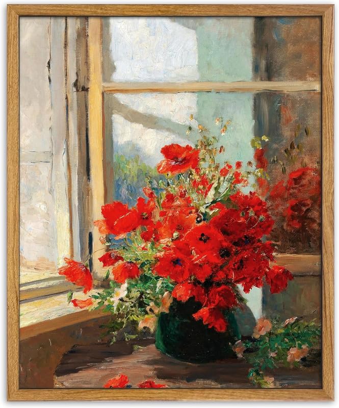 UPWOIGH 16x24 in Large Framed Wall Art, Red Poppies by the Window Oil Painting Canvas, Vintage Farmhouse Rustic Decor, Red Flowers Print, Antique Wall Decor for Living Room Bedroom, 1 Pack Gift — image 1