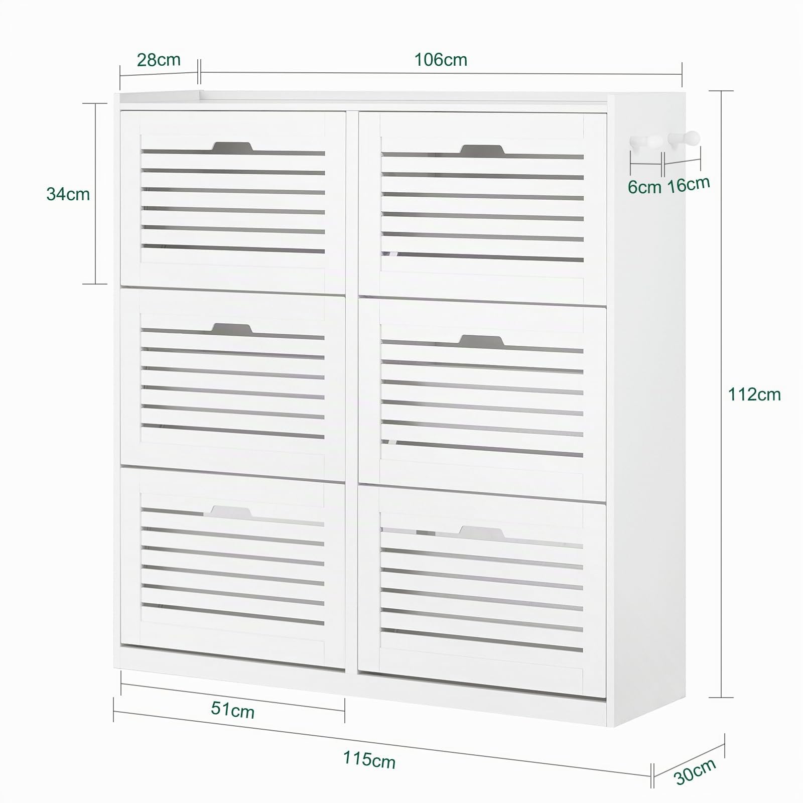 SoBuy Meuble à Chaussures à 6 Abattants, Meuble de Rangement à Chaussures, Armoire à Chaussures Coffre de Rangement avec 2 Crochets, Grande Capacité pour Entree, Couloir, 115x30x112 cm, FSR145-W