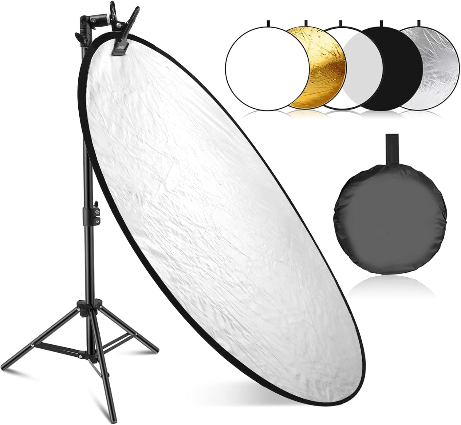 NEEWER Kit de Reflector de Luz de 43"/110cm, Reflector Redondo Plegable 5 en 1 (Translúcido/Plateado/Dorado/Blanco/Negro), Abrazadera de Metal y Soporte Corto de 21"-43"/53-110cm para Fotografía