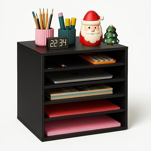 EMERIT Organizador de escritorio de madera, organizador de papel, bandeja de cartas, clasificador de archivos con estantes ajustables para oficina