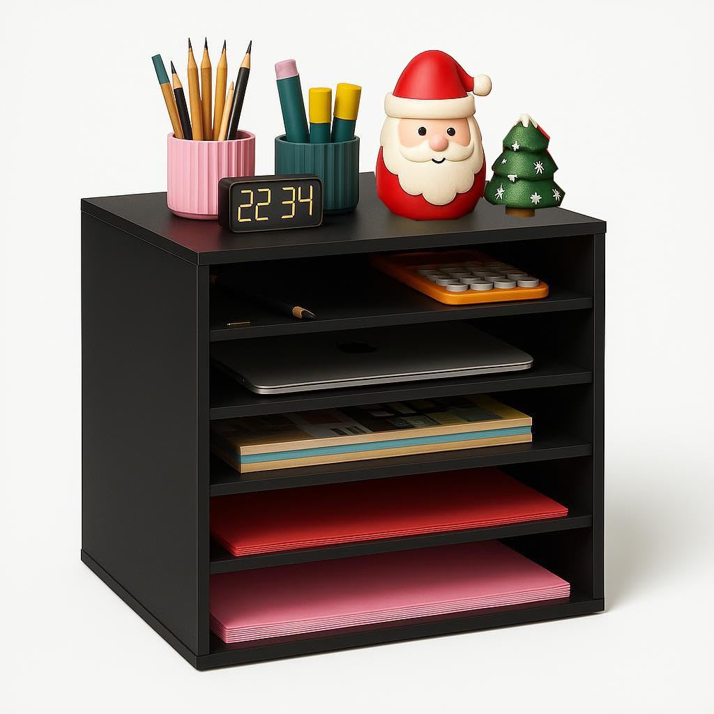 EMERIT 4-Tier Adjustable Paper Organizer, Large Capacity Book Shelf for Textbooks/Magazines/Office Files, Wooden Dividers, 7 lbs per Shelf, Black
