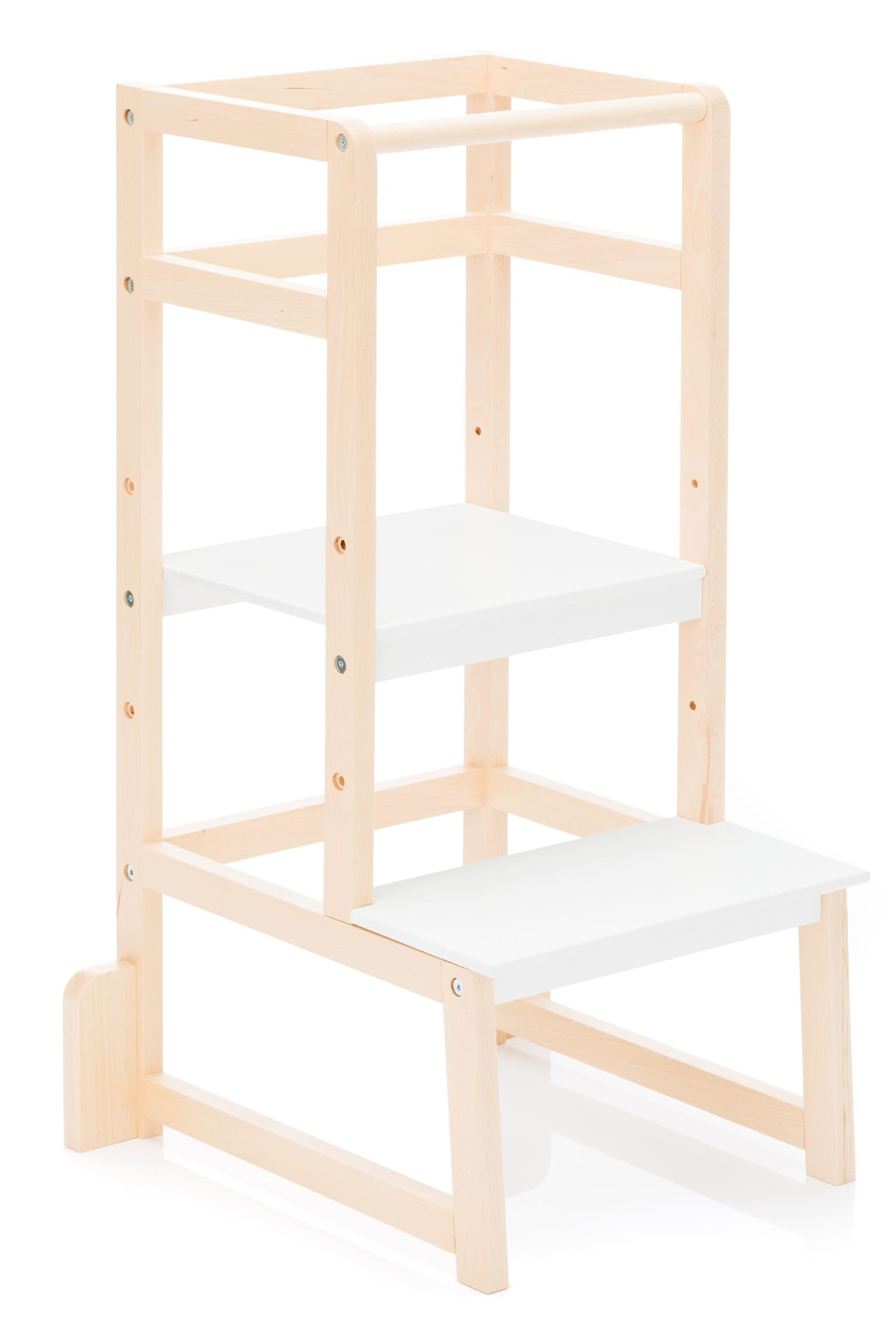 Fillikid Kinder Lernturm | Entdeckertum mitwachsend aus Buchenholz | Lerntower Montessori Lernstuhl ab ca. 1 Jahr | Küchenhelfer höhenverstellbar, extrem kippsicher