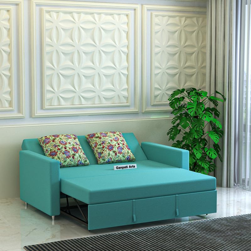 Ganpati Arts Solid Wood Iron Frame 3 Seater Sofa Cum Bed | Wooden Convertible Pull Out Sofa Furniture with Victoria Fabric | Multipurpose Upholstery Sofa for Bedroom Living Room and Home (Blue)