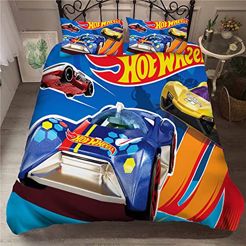 Ste-X Juego De Sábanas 100% Suave Microfibra Cómoda Hot Wheels Sports Car- 1 Funda Nórdica + 2 Fundas De Almohada 80 X 80 Cremallera Rosa Gris ((150x200cm)-Cama de 90,Carreras 03)