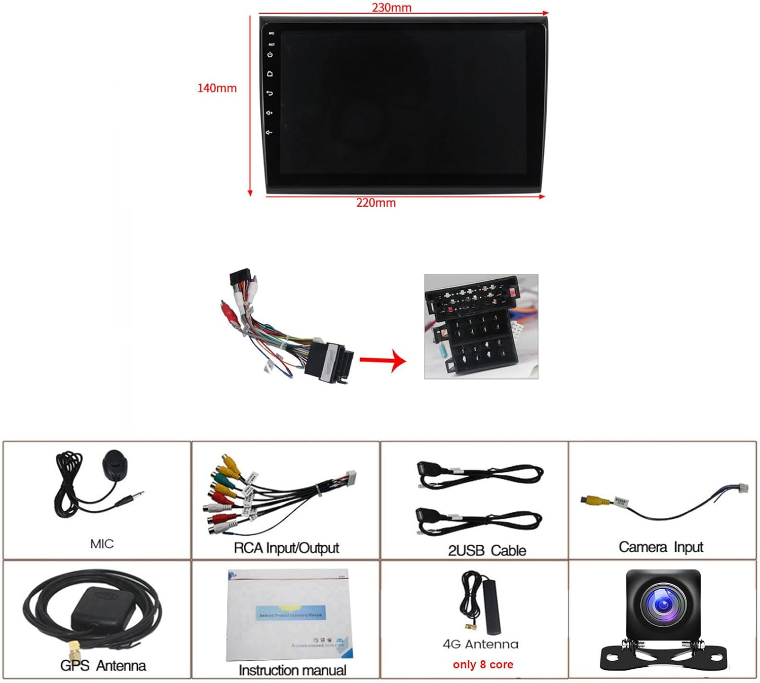 Diagram showing the dimensions of the car stereo unit and various included accessories.