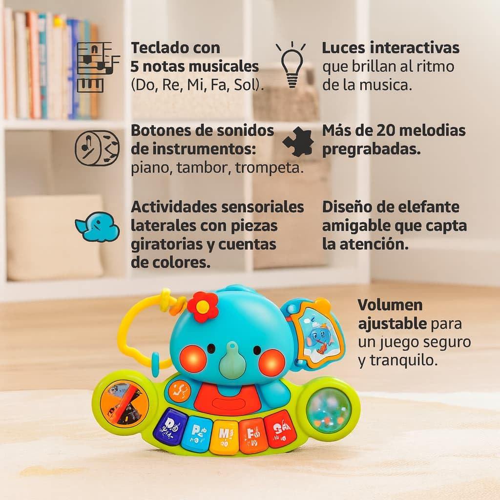 Hola - Piano Infantil de Juguete - con Luces y Sonidos Reales de Instrumentos Musicales - Juego Elefante Musical con Teclado y 7 Actividades - Juguete Sensorial y Educativo - Regalo Bebe +6 Meses