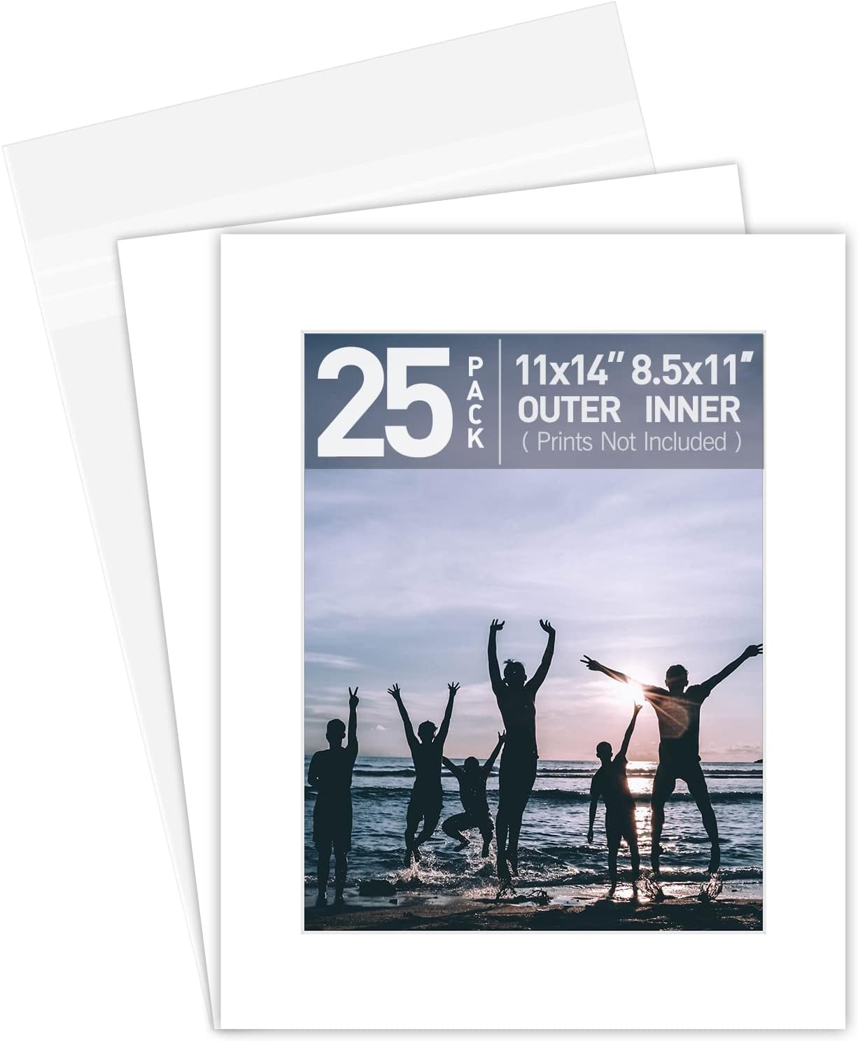 Golden State Art, White Pre-Cut 11x14 Picture Mat for 8.5x11 Photo, with Acid Free White Core Matte Sets. Includes 25 Bevel Cut Mattes, Backing Backers Board & Clear Bags (Complete Set, 25-Pack)