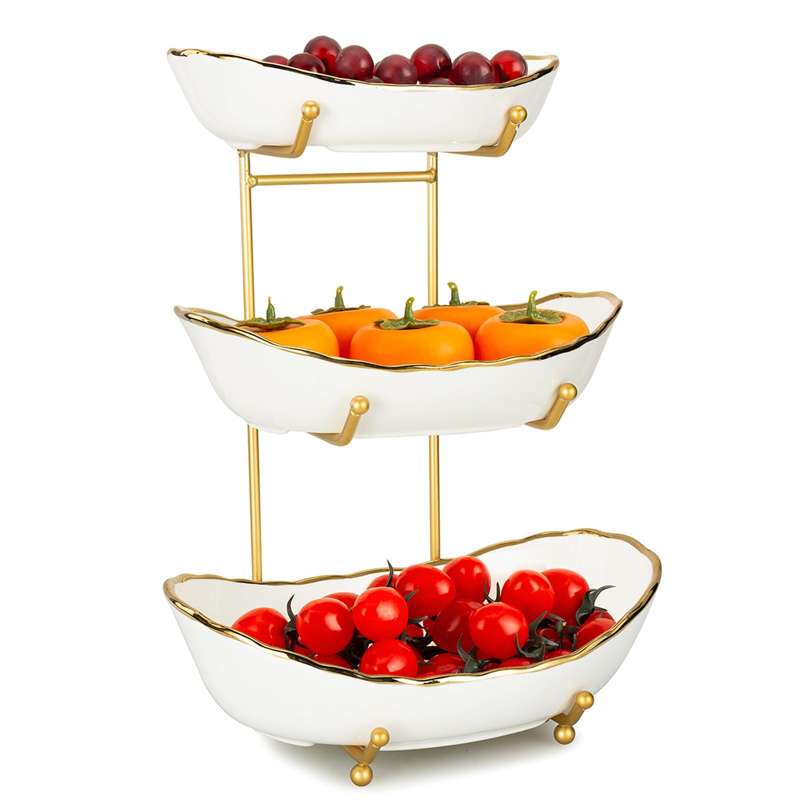 XUDREZ 3 Tier White Fruit Bowl for Kitchen, Ceramic Bowl with Metal Stand Tiered Basket Stand for Fruit Snacks Bread Nuts Candy Salad Vegetable Storage