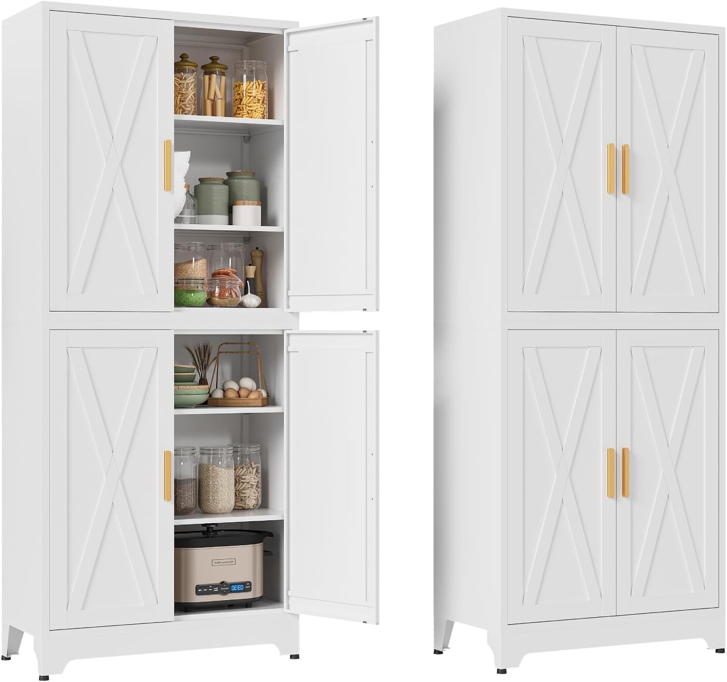 75" Tall Metal Storage Cabinet,2-in-1 Stackable Pantry Cabinet with Adjustable Shelves,31.5" Wide By 15.8" Deep Farmhouse Cabinet for Kitchen Bathroom Living Room Dining Room, White 1Pc