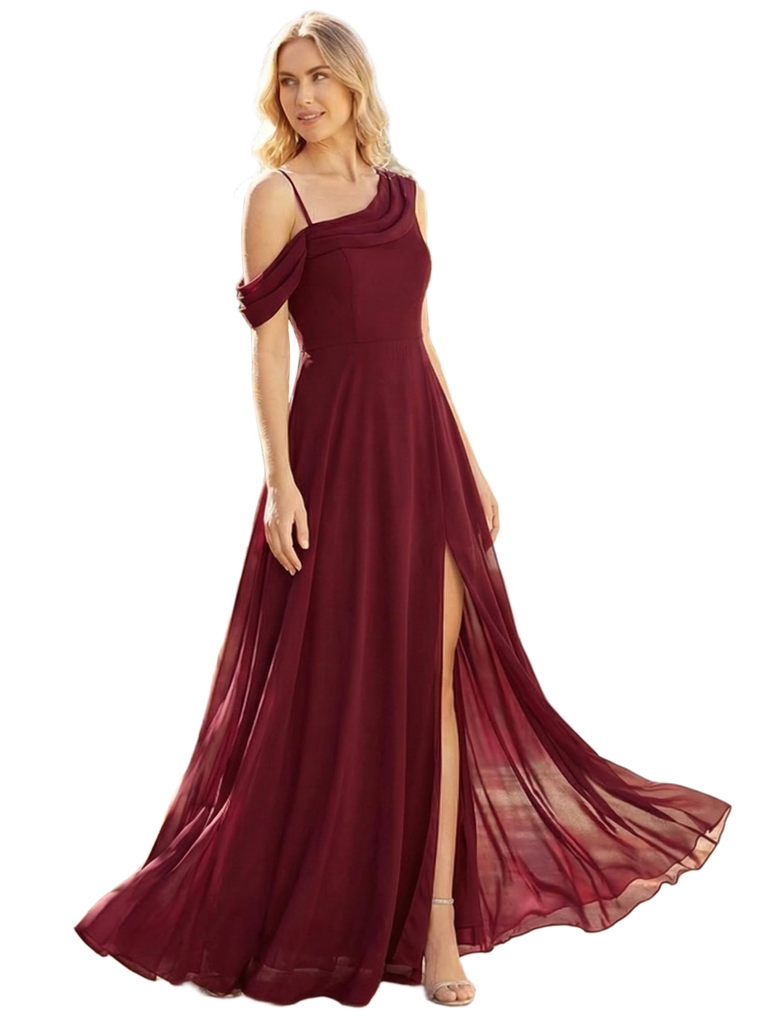 Ever-Pretty Robes de Demoiselle d'honneur Col Asymétrique Manches Courtes Mousseline Maxi Robe évasée ES02704