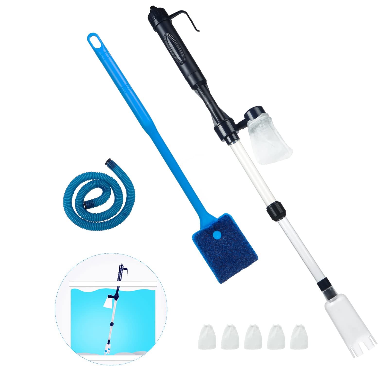 Coolty Limpiador eléctrico de grava para acuario, aspiradora de tanque de peces con batería, filtro de agua, bomba de sifón para tanque de peces con 5 bolsas de filtro