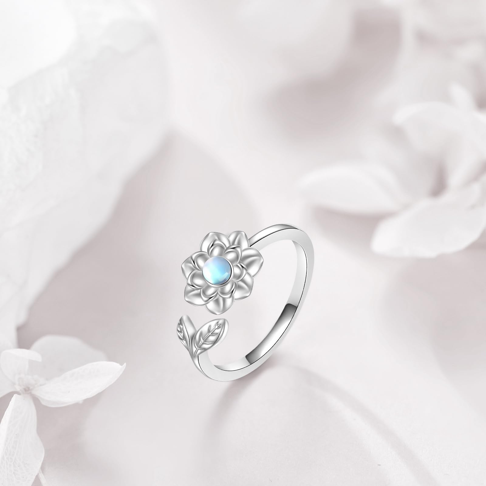 YFN Bague lotus en argent sterling 925 avec pierre de lune et lotus - Cadeau pour femme et fille, Argent sterling, Pierre de lune