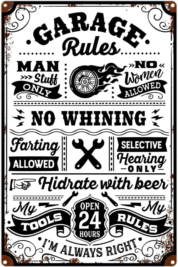 Letrero de metal retro con reglas de garaje, letreros de metal con texto en inglés Man Stuff Only, divertido letrero de garaje para decoración de