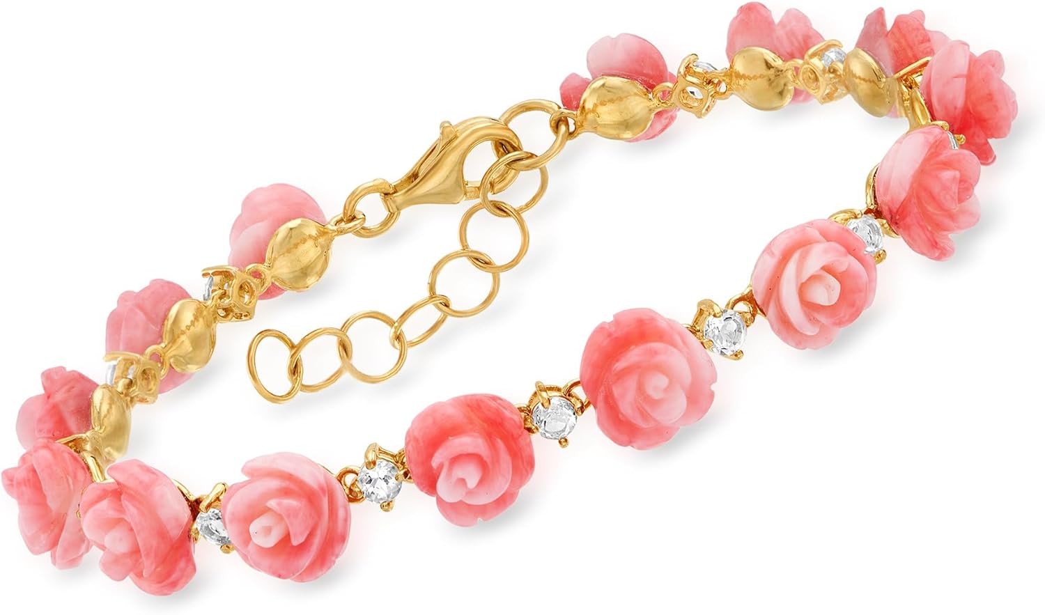 Ross-Simons Pink Coral and 1.30 ct. t.w. White Topaz Rose Bracelet in 18kt Gold Over Sterling