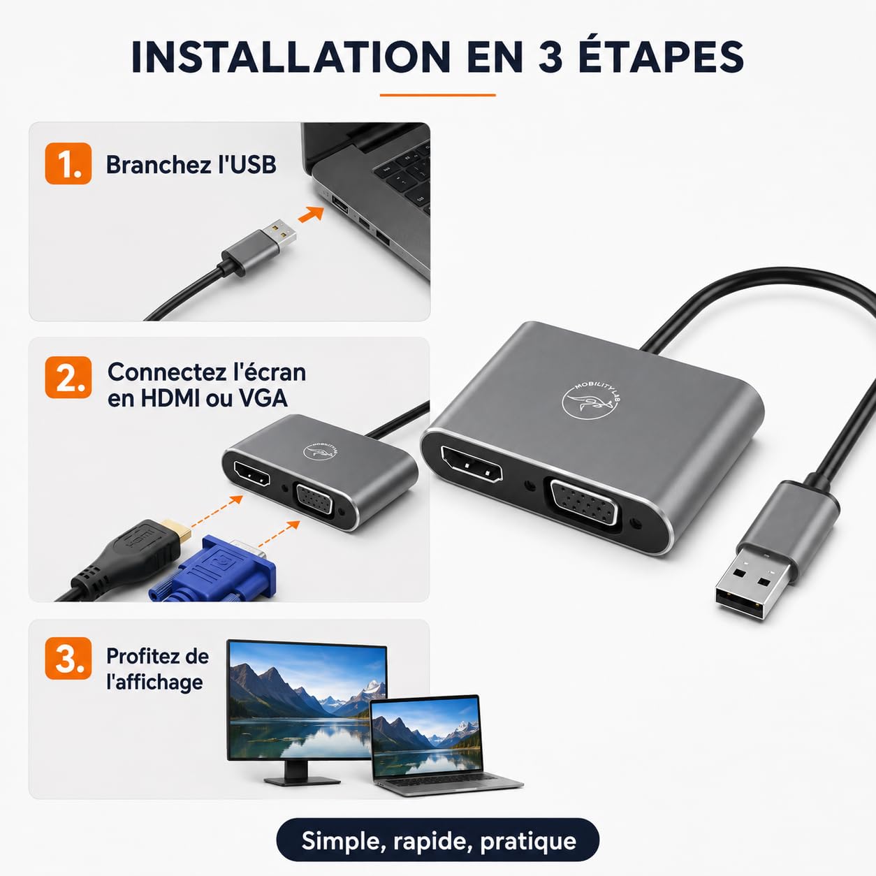 Mobility Lab Adaptateur USB 3.0 vers HDMI & VGA – Haute Résolution 1920 x 1080p à 60Hz – Plug & Play Facile – Compatible macOS et – Présentations, Films, Jeux Vidéo, Vidéoprojecteur