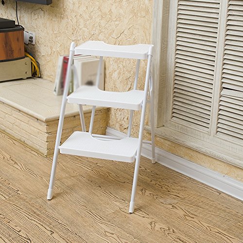 Tabouret échelle pliable à 3 marches blanc en design chevrons compact