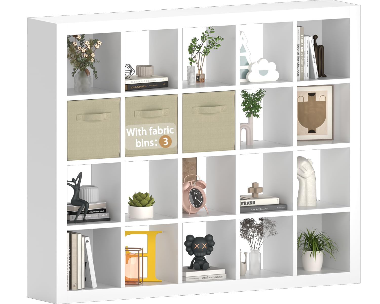 Sturdy Wooden Bookshelf with Storage Bins - 20-Cube Organizer, Multifunctional Cubicle Rack for Display & Storage, Living Room, Bedroom, Office, White