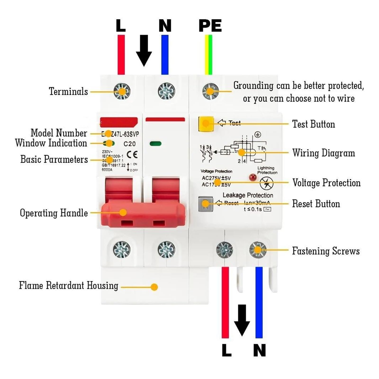 Interruttore differenziale SPD 230V 2P con protezione da sovraccarico, sovratensione, RCBO, RCCB con protezione contro i fulmini, protettore dalle perdite MCB(100A)