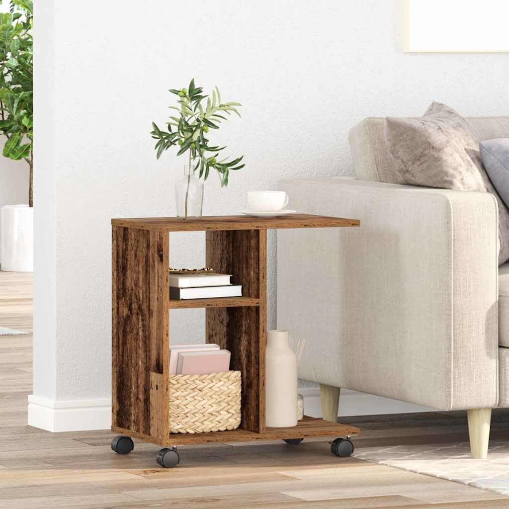 Mesa auxiliar con estante de madera recuperada de 50 x 30 x 55 cm, con ruedas, práctico estante, versátil como mesa de centro, mesita de noche, mesa de sofá para salón, dormitorio, pasillo