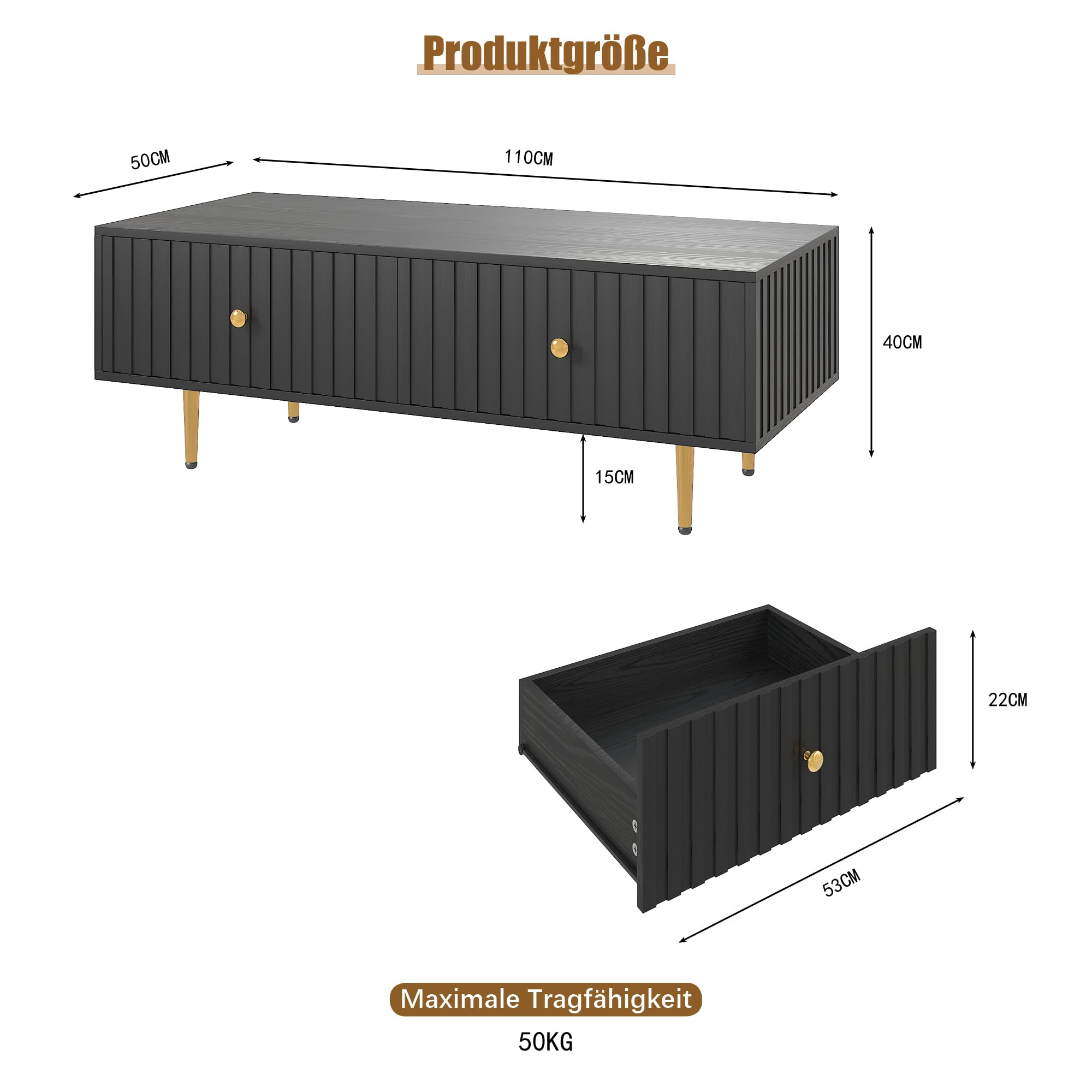 KEEPREAPER Couchtisch, Wohnzimmertisch mit 2 Schubladen und Metallfüßen, modern, für Wohnzimmer, 110 x 50x 40 cm (Schwarz)