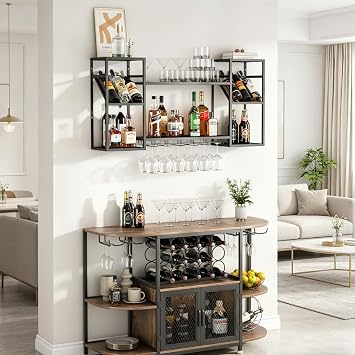 KaKaBB Wall Mounted Wine Rack, 47 Metal 2-Tier Bar Liquor Shelves with Glass Holder, Holds 30 Bottles & 612 Glasses, Floating Shelves for Kitchen Dining Room Home (Black)