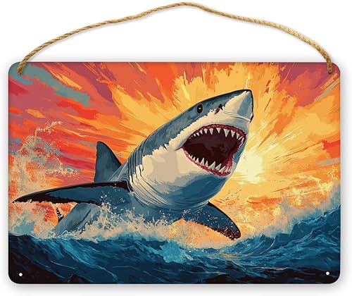 Retro Pops sharks Wooden Sign, Bold Ocean waves Design for Interiors, 12x8 Inch Wood Decors for Marine Life Fans & Thrill Lovers