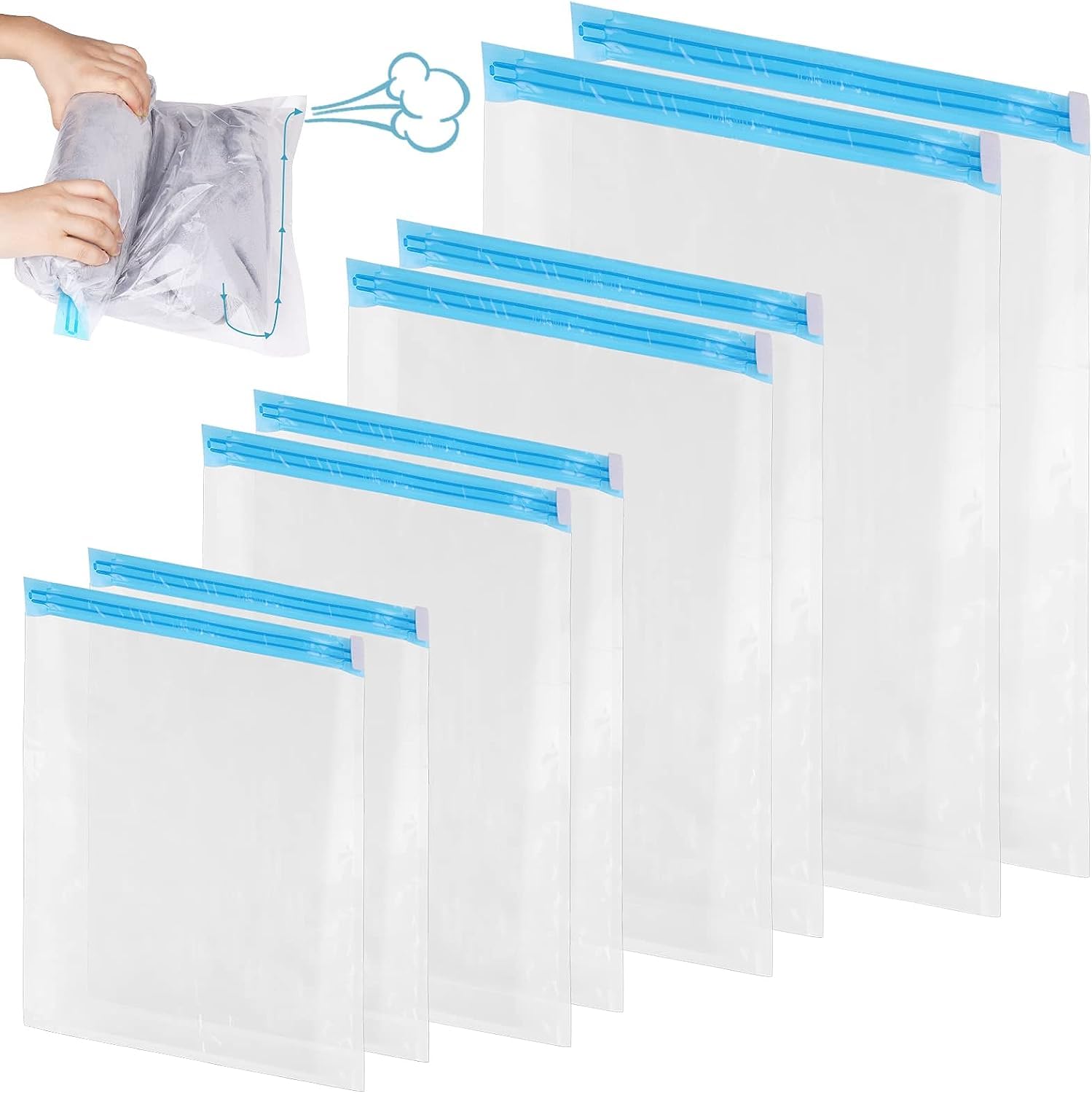 Vacuum Storage Bags Hand Rolled Compression Bags Waterproof and Reusable Vacuum Bags for Clothing, Bedding Etc (4 Sizes, 50 x 70, 40 x 60, 50 x 35, 39 x 32 cm)