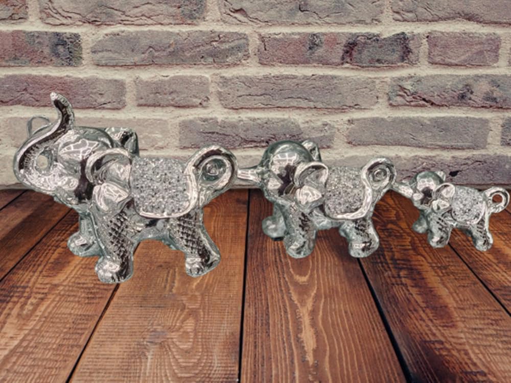 Deenz New Silver Set Of 3 Elephants Sparkle Bling Ornament Crushed Diamonds Home Decor