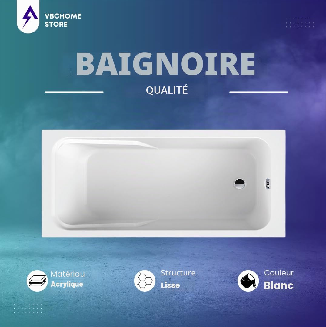 VBChome Baignoire 170 x 80 cm - Blanc - En acrylique - Pieds de baignoire - Siphon - Design moderne - Chromé