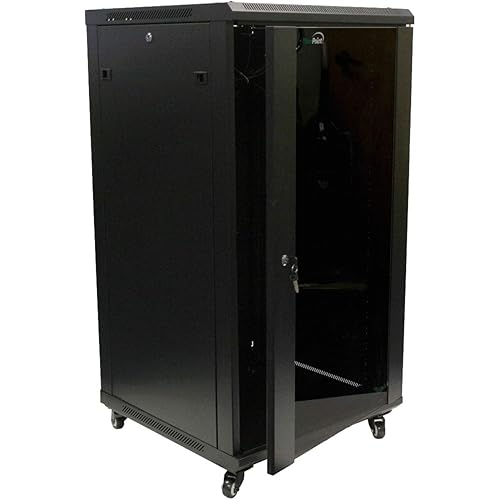 NavePoint 22U Server Cabinet Wall Mount Rack Enclosure with Caster Wheels, 2 Fans, Locking Glass Door, Removable Side Panels – 22U Network Cabinet 23.6” Deep, 19” Server Rack for A/V Equipment