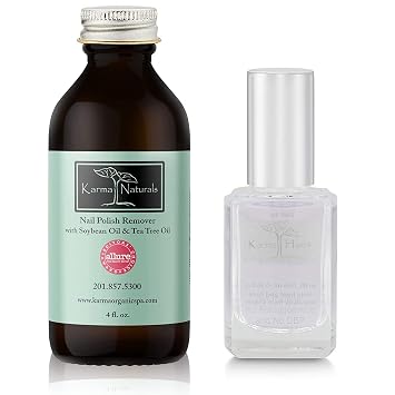 karma organic Two in One Base Coat Top Coat Nail Polish Clear with amazing Nail Polish Remover Tea Tree Oil Based Formula moisturize and Nourish Nails