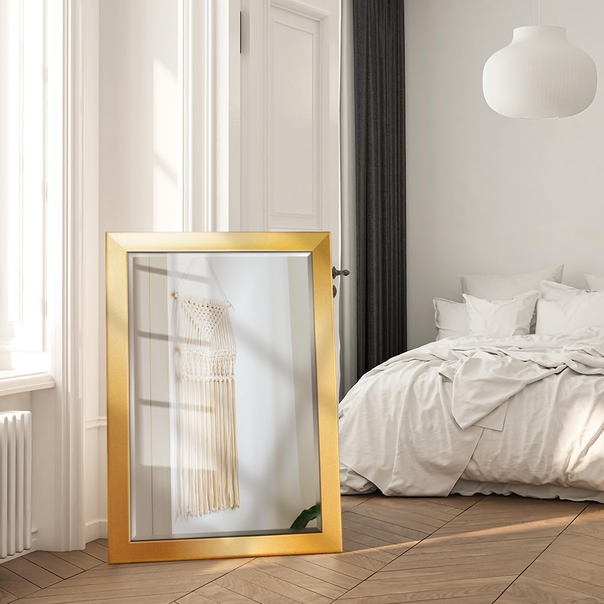 Renditions Gallery Rectangular Shiny Gold Wood Framed Body Mirror Verticle Or Horizontal Farmhouse Wall Mounted Vanity Mirror for Living Room Bedroom Home Decor - 41"x29" LT07