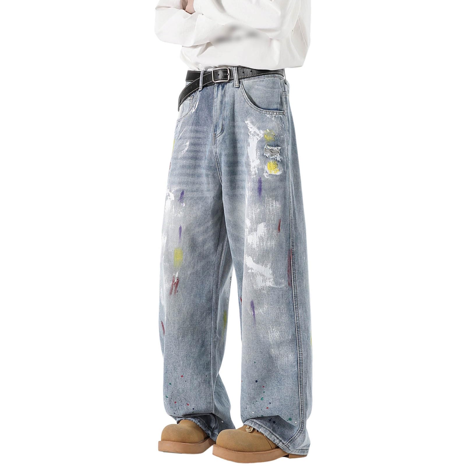 Generico Pantaloni Baggy Uomo Jeans Elefante Loose Zampa Larghi Moto Jins Slim Flare Invernali Fit Cargo Y2K Salopette Bootcut Balloon