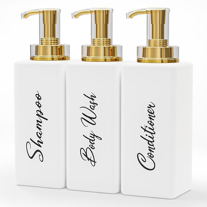 Akalin Frascos Recarregáveis para Shampoo e Condicionador com Bomba, Branco e Dourado, 3 Unidades