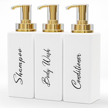 Akalin Refillable Shampoo and Conditioner Bottles, 16oz White and Gold Soap Dispenser Bathroom, Shampoo and Conditioner Dispenser for Bathroom Lotion Body Wash Massage Oils White